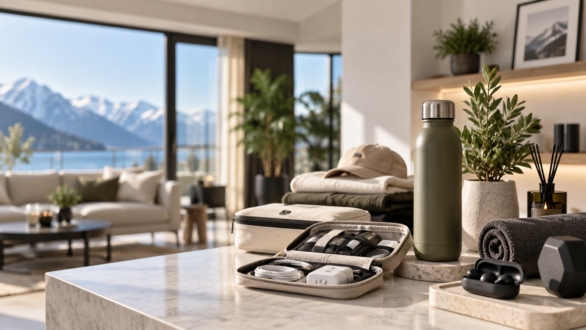 Modern lifestyle scene with travel, fitness and everyday essentials